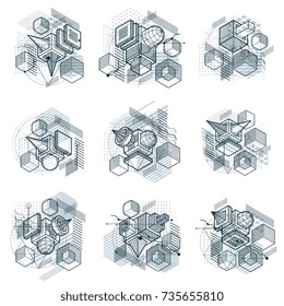 Abstract backgrounds with isometric lines, vector illustrations. Templates made with cubes, hexagons, squares, rectangles and different abstract elements. Vector set.