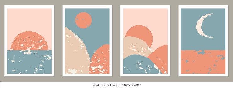 Abstract backgrounds landscapes set with Sun, Moon, sea, mountains. Earth tones, pastel colors. Boho wall decor. Mid century modern minimalist art print. Vector illustration hand drawn