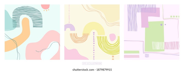 Antecedentes abstractos.  Composición mínima de formas geométricas dibujadas a mano. Patrón colorido pastel. Máscara editable. La plantilla para el diseño funciona. Ilustración vectorial.