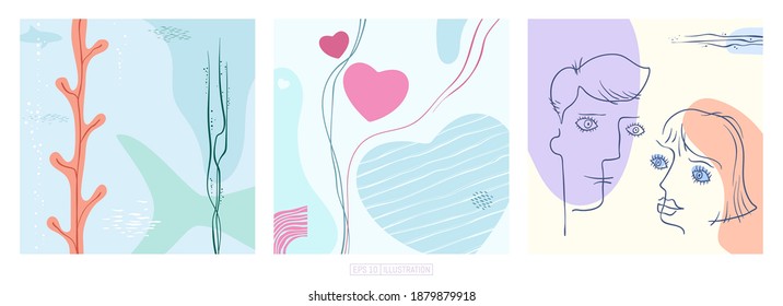 Abstract backgrounds.  Minimal hand drawn geometric shapes composition. Pastel colorful pattern. Editable mask. Template for your design works. Vector illustration.