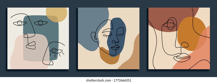 Abstract backgrounds with minimal shapes and line art faces. Esp10 vector templates.