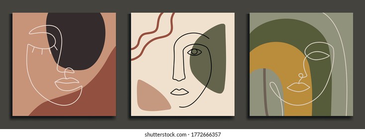 Abstract backgrounds with minimal shapes and line art faces. Esp10 vector templates.