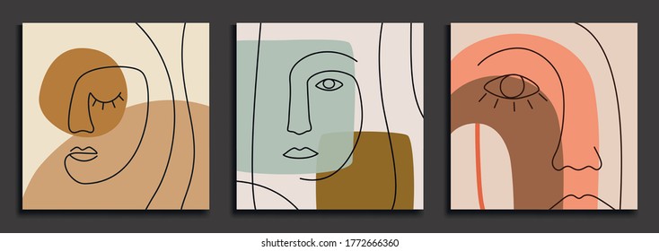 Abstract backgrounds with minimal shapes and line art faces. Esp10 vector templates.