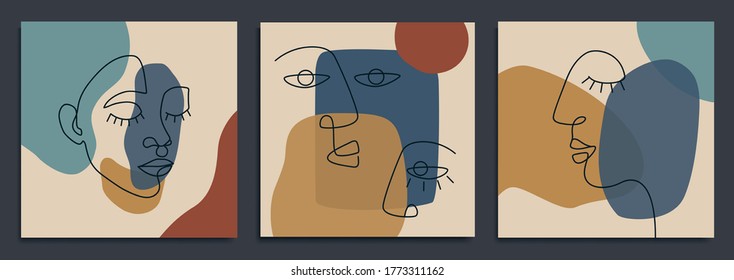 Abstract backgrounds with minimal shapes and line art faces. Esp10 vector templates.