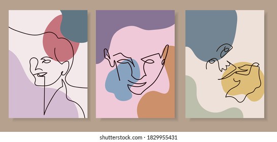 Abstract backgrounds with minimal shapes and line art faces set. 