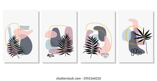 Abstract backgrounds with minimal shapes and line art leaf. 