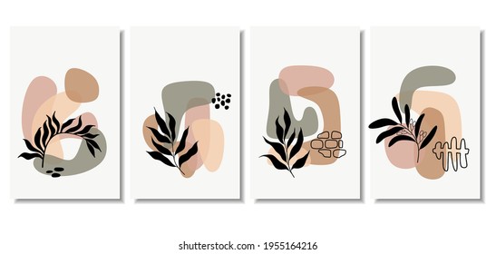 Abstract backgrounds with minimal shapes and line art leaf. 
