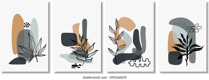 Abstract backgrounds with minimal shapes and line art leaf. 