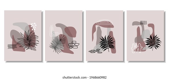 Abstract backgrounds with minimal shapes and line art leaf. 