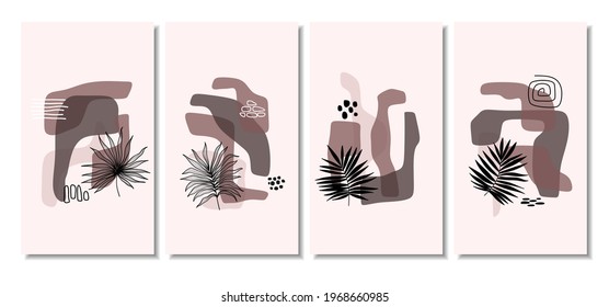 Abstract backgrounds with minimal shapes and line art leaf. 
