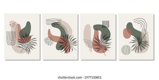 Abstract backgrounds with minimal shapes and line art leaf. 