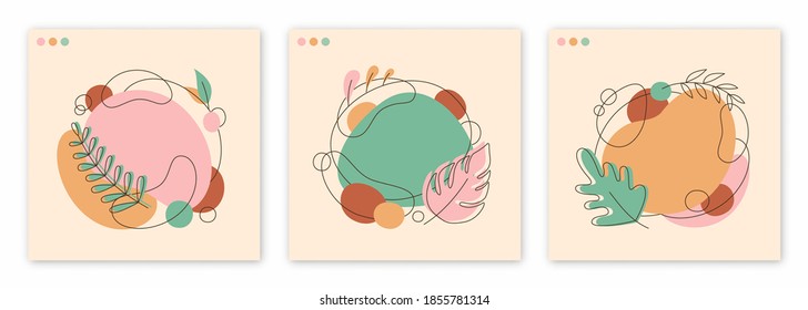 Abstract backgrounds, minimal style with space for text. Square design templates for social media posts, discounts. Liquid, round shapes, leaves, trendy sets. Natural colors: brown, green, beige, pink
