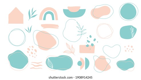 Abstract backgrounds, organic shapes, logo and design elements pink and blue spring colors. Collection of hand drawn objects with floral elements in pastel colors. Vector illustration.