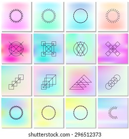 Abstract backgrounds with outlines of shapes. Collection with simple graphic geometric elements for use in design logo or card, book, poster, brochures, notebook,  album, sketch book cover.