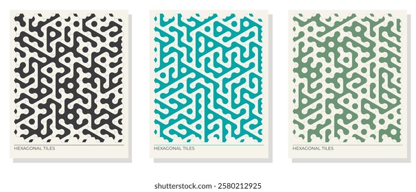 abstract backgrounds pattern in Set of three hexagonal tile patterns in black, teal, and green. Features abstract, maze-like shapes with circular accents, ideal for modern decor or cover backgrounds.