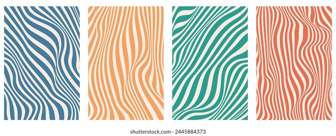 Abstract backgrounds with a rainbow wavy design in a retro 1970s hippie style. Twisted and distorted vector texture in trendy retro psychedelic style.