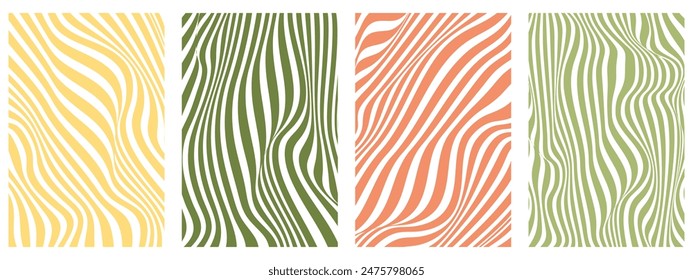 Abstract backgrounds with a rainbow wavy design in a retro 1970s hippie style. Twisted and distorted vector texture in trendy retro psychedelic style.