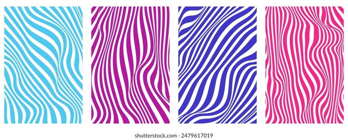 Abstract backgrounds with a rainbow wavy design in a retro 1970s hippie style. Twisted and distorted vector texture in trendy retro psychedelic style.
