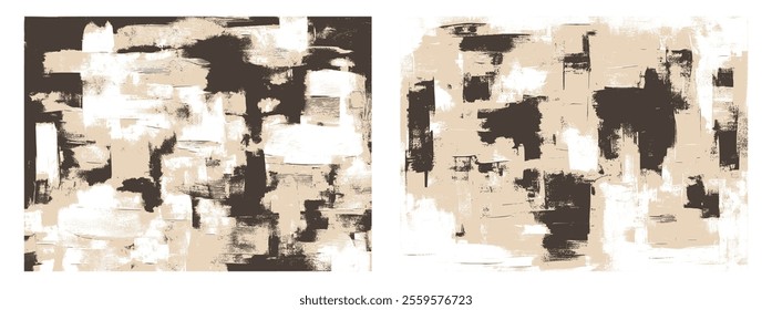 Abstract backgrounds set with bold black and cream contrasts, featuring dynamic vertical strokes and textured edges, evoking a rhythmic composition inspired by intensity and balance