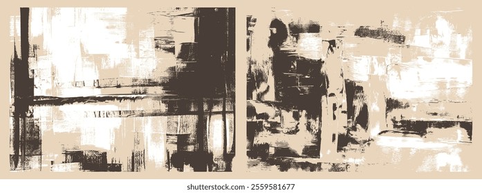 Abstract backgrounds set with bold black and cream contrasts, featuring surreal landscape and textured edges, evoking a rhythmic composition inspired by intensity and balance