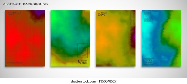 Abstract backgrounds set, color mix flyer design. Modern artworks for posters, websites, banners, covers, annual reports, business cards.  Fluid liquid style brochure . Digital pixel art
