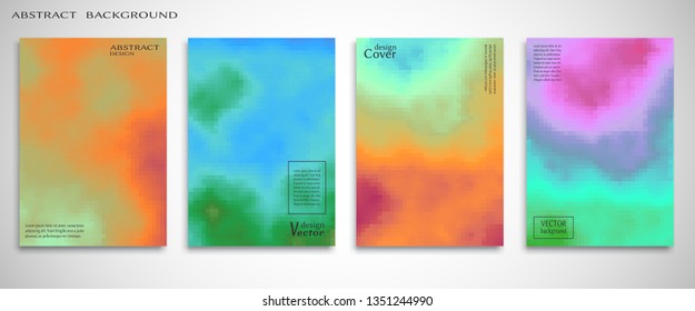 Abstract backgrounds set, color mix flyer design. Modern artworks for posters, websites, banners, covers, annual reports, business cards.  Fluid liquid style brochure, bokeh effect. Digital pixel art