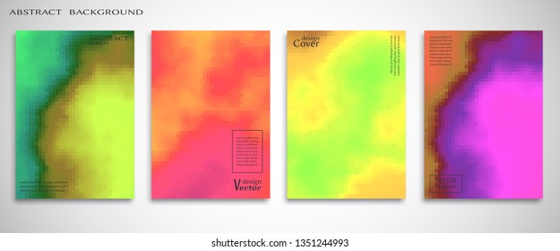 Abstract backgrounds set, color mix flyer design. Modern artworks for posters, websites, banners, covers, annual reports, business cards.  Fluid liquid style brochure, bokeh effect. Digital pixel art