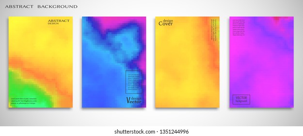 Abstract backgrounds set, color mix flyer design. Modern artworks for posters, websites, banners, covers, annual reports, business cards.  Fluid liquid style brochure, bokeh effect. Digital pixel art