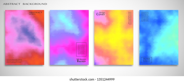 Abstract backgrounds set, color mix flyer design. Modern artworks for posters, websites, banners, covers, annual reports, business cards.  Fluid liquid style brochure, bokeh effect. Digital pixel art