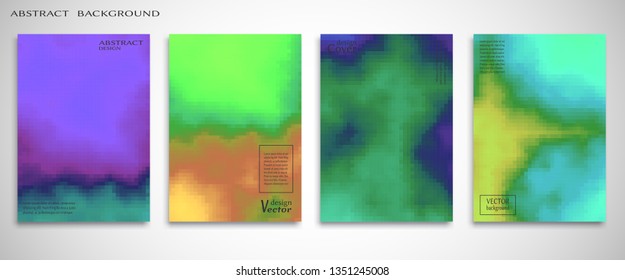 Abstract backgrounds set, color mix flyer design. Modern artworks for posters, websites, banners, covers, annual reports, business cards.  Fluid liquid style brochure, bokeh effect. Digital pixel art