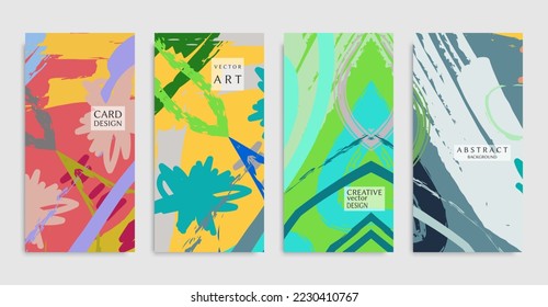 Conjunto de fondos abstractos. Colorida y moderna textura de grunge, pinceladas de pincel a mano y elementos de doodle. Diseño minimalista para afiches, banners, portadas, volantes, invitaciones. Plantillas de folletos de moda