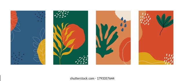 Conjunto de fondos abstractos. Afiches contemporáneos de estilo escandinavo, con dibujos a mano, cubre diseño de moda plana. Ilustración vectorial moderna.