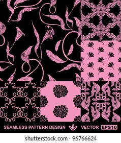 Abstract  backgrounds set, damask fashion seamless pattern, monochrome vector wallpaper, vintage fabric, floral wrapping with graphic lily, flowers, leafs ornaments -summer, spring theme for design