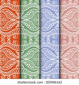 Abstract backgrounds set, ethnic floral and geometric ornament, seamless texture, detailed lace pattern, hand drawn artwork