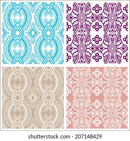 Abstract backgrounds set, ethnic floral and geometric ornament, seamless texture, detailed lace pattern, hand drawn artwork