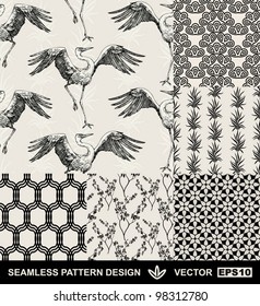 Abstract backgrounds set, fashion seamless patterns, vector wallpapers, vintage and monochrome fabrics with dancing stork, graphic birds, flowers, leafs and geometric ornaments- japan style for design