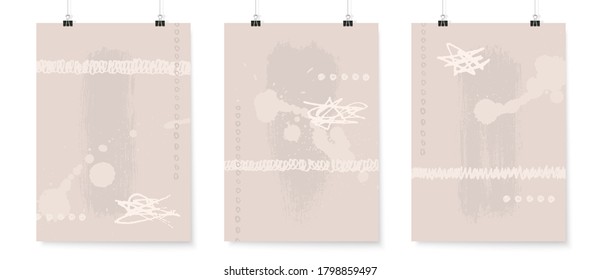 Abstract backgrounds set. Grunge poster backdrops. Posters on binder clips. Quircky doodles. Geometric shapes wallpapers. Pastel colors design.
