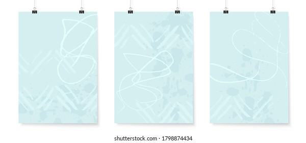 Abstract backgrounds set. Grunge poster backdrops. Posters on binder clips. Quirky doodles. Geometric shapes wallpapers. Pastel colors design.