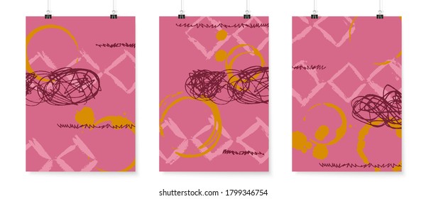 Abstract backgrounds set. Grunge poster backdrops. Posters on binder clips. Quirky doodles. Geometric shapes wallpapers. Pastel colors design.