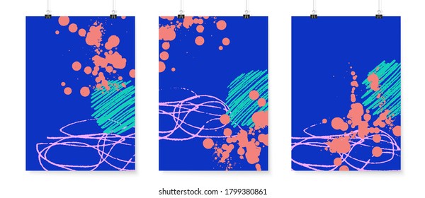 Abstract backgrounds set. Grunge poster backdrops. Posters on binder clips. Quirky doodles. Geometric shapes wallpapers. Bright retro colors design.