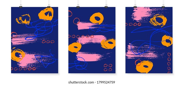 Conjunto de fondos abstractos. Paneles de afiches de Grunge. Afiches en clips de encuadernación. Cuadros raros. Fondos de pantalla de formas geométricas. Diseño de colores retro luminosos.