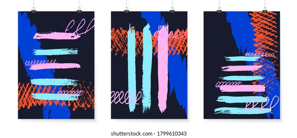 Abstract backgrounds set. Grunge poster backdrops. Posters on binder clips. Quirky doodles. Geometric shapes wallpapers. Bright retro colors design.