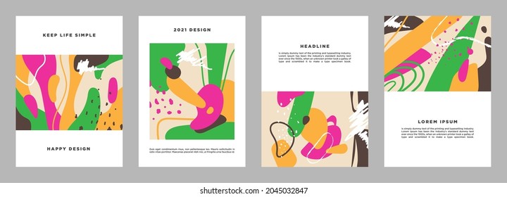 Abstract Backgrounds Set. Hand drawn various shapes and doodle objects. Minimalist art. Contemporary modern trendy vector. Every background is isolated. Pastel colors. Template and Layout. Cover.