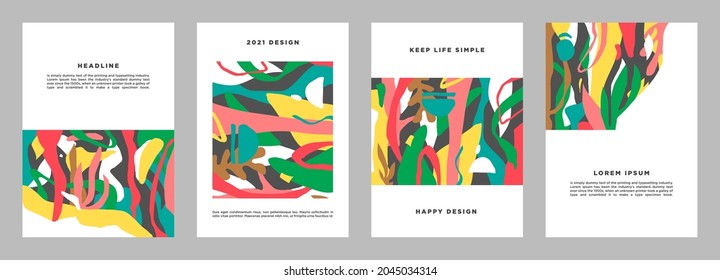 Set von minimalistischen abstrakten kreativen glücklichen bunten künstlerischen Layout-Vorlagen. Gut geeignet für Poster, Karten, Einladung, Flyer, Cover, Banner, Plakate, Broschüren und anderes Grafikdesign. Vektorgrafik.