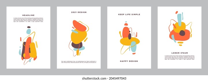 Conjunto de cuatro orígenes abstractos. Dibujaron a mano varias formas y objetos de garabatos. Arte minimalista. Vector moderno contemporáneo. Cada fondo está aislado. Colores pasteles. Plantilla y disposición.