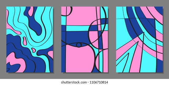 Abstract Backgrounds Set with Handwritten Wavy Lines and Ethic Elements. Bright Psychedelic Wallpaper. Vector Abstraction Applicable for Placards, Brochures, Posters, Magazine, Layout, Splash Screen.