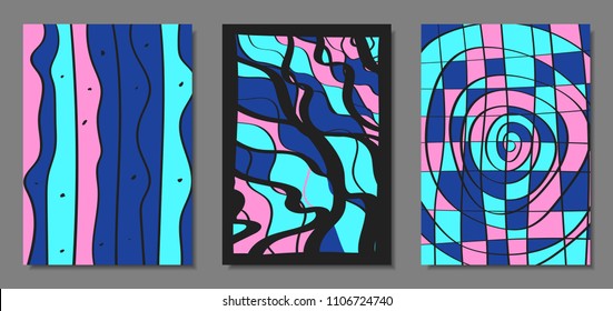 Abstract Backgrounds Set with Handwritten Wavy Lines and Ethic Elements. Bright Psychedelic Wallpaper. Vector Abstraction Applicable for Placards, Brochures, Posters, Magazine, Layout, Splash Screen.