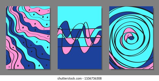 Abstract Backgrounds Set with Handwritten Wavy Lines and Ethic Elements. Bright Psychedelic Wallpaper. Vector Abstraction Applicable for Placards, Brochures, Posters, Magazine, Layout, Splash Screen.