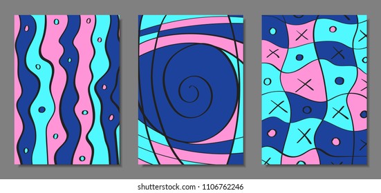 Abstract Backgrounds Set with Handwritten Wavy Lines and Ethic Elements. Bright Psychedelic Wallpaper. Vector Abstraction Applicable for Placards, Brochures, Posters, Magazine, Layout, Splash Screen.