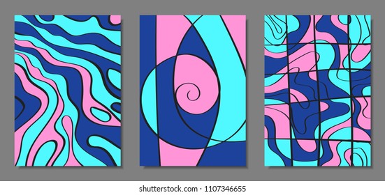 Abstract Backgrounds Set with Handwritten Wavy Lines and Ethic Elements. Bright Psychedelic Wallpaper. Vector Abstraction Applicable for Placards, Brochures, Posters, Magazine, Layout, Splash Screen.
